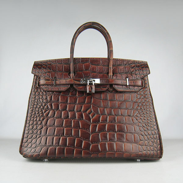 High Quality Fake Hermes Birkin 35CM Crocodile Veins Leather Bag Dark Coffee 6089